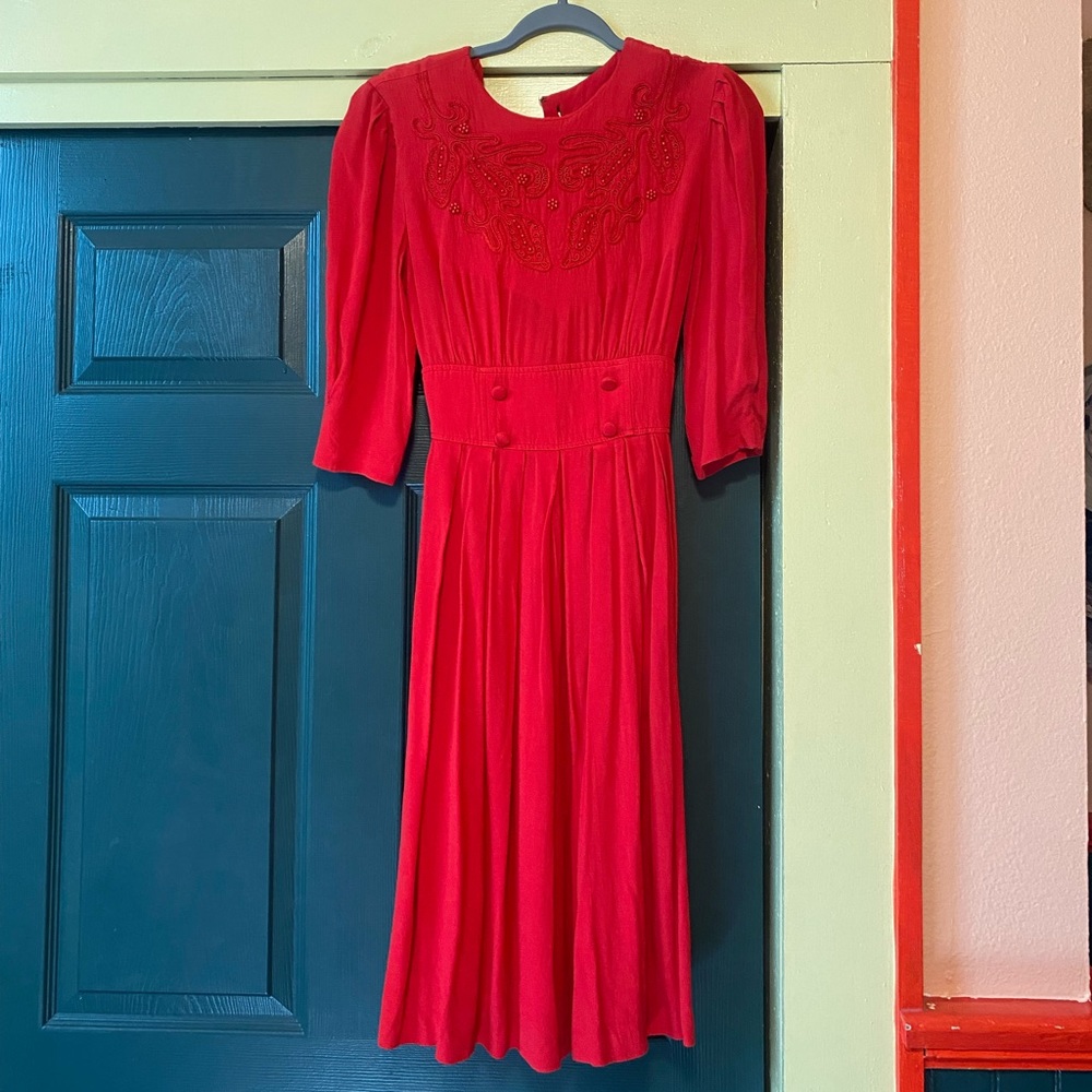Vintage red dress mid length with beautiful embroidery